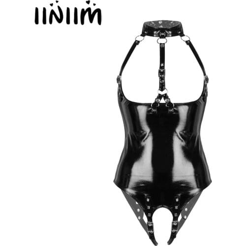Womens Open Cups Wet Look Bodycon Costumes Leather Sexy Lingerie Crotchless Bare Breast Crotchless One Piece Leotard Bodysuit