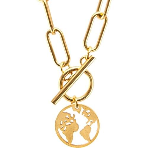 World Map Medal Stainless steel Necklace for women Long heavy Choker Toggle charms collares de moda Boho Jewelry Collier gift