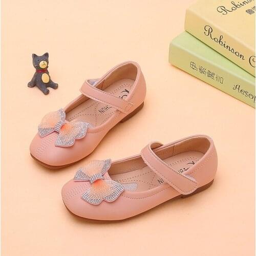 Beige Pink Rhinestone bowknot Girls Shoes Kids Princess Leather Shoes For Wedding Party Chaussure Fille 3 4 5 6-12years Old Kids