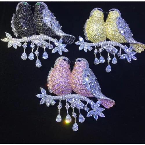 Big size love birds brooch pins & pendant double use 925 sterling silver with cubic zircon high quality 63*70MM black yellow