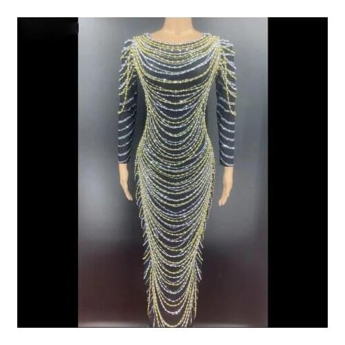 Women Dancer Show Prom Party Dress Sexy singer Rhinestone Long Dress Birthday Bar Spandex Outfit Dress