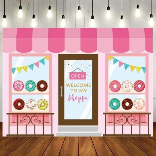 Donut Shoppe Background Girls Pink Sweet Dessert Shop Party Photography Backdrop Baby Shower Birthday Cake Table Decoration