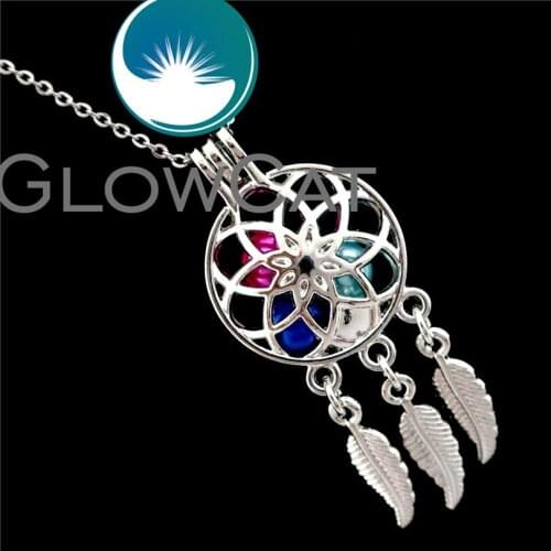 GLOWCAT R-K678 Dream Cather Lotus Beads Cage Pendant Essential Oil Diffuser Aromatherapy Pearl Cage Locket Necklace Girl Women