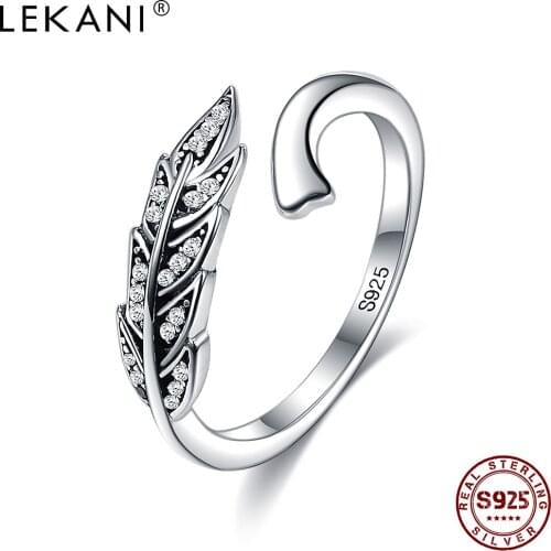 LEKANI Feather Wings Finger Rings For Women Authentic Sterling Silver 925 Jewelry Small Zircon Open Adjustable Vintage Ring Best
