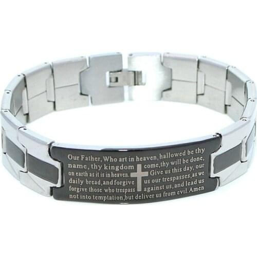 New Punk Stainless Steel Bracelet English Cross Black Stripe Rock Mens Titanium Steel Jewelry