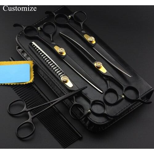 Customize 6 kit Japan 7 inch black Pet dog grooming hair scissors thinning shears curved cutting barber hairdressing scissors