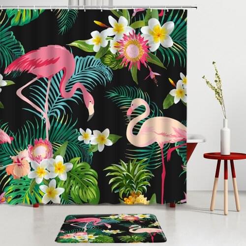 Flamingo Shower Curtains Set Bath Mat Tropical Plants Leaf Flower Bathroom Room Decoration Entrance Door Mats Bath Screens