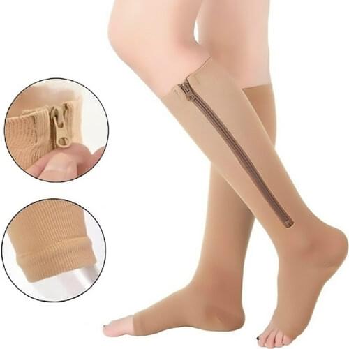 Compression Socks Men Women Support Knee Zipper Socks Female Open Toe Thin Anti-Fatigue Stretchy Sox High Socks Unisex Socks