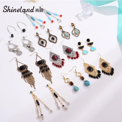 Shineland Wholesale Cheap High Quality Bohemian Vintage Ethnic Drop Dangles for Women Tassel Long Beads Brincos Fashion Jewelry