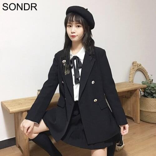 2020 Autumn New Japanese College Style Suit Jacket Cute Bow Shirt Top Kawaii Pleated Skirt Women 3 Piece Set Soft Girl Cute Sets