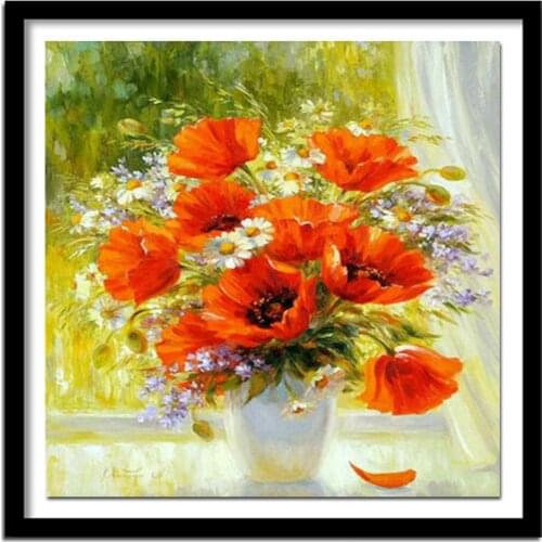 Windowsill Poppies 3d Diamond painting cross stitch Floral Rhinestone kits Square full Diamond embroidery Home decor