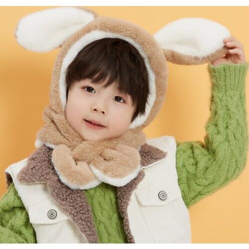 Pudcoco Kids Fleece Solid Color Hooded Scarf Thickened Ear Protection Hat in Autumn and Winter for Boys and Girls 2-8 years old