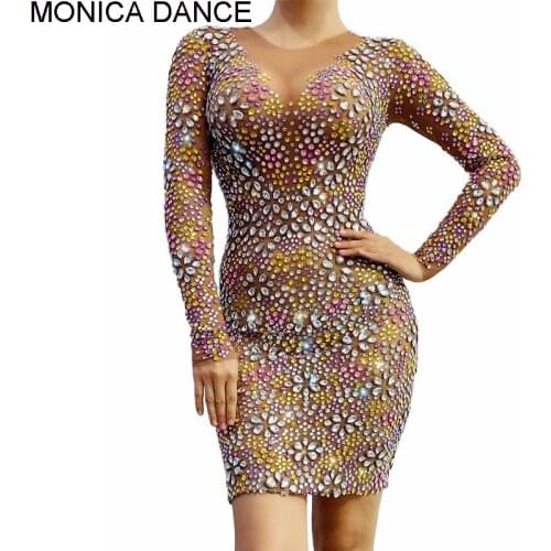 Sexy Sparkly Multi-color Rhinestones Transparent Mesh Dress Evening Birthday Celebrate Dance Outfit Party See Though Stage Dress