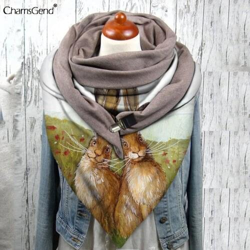 Art Rabbits Lover Printing Winter Warm Scarf for women Double Layer Scarves Pashmina Stole Wraps Neck Warmers Shawl with Buckle