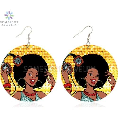 SOMESOOR Poppin Girl Rock Afro Curls Wooden Drop Earrings Black Hiphop Arts Both Sides Printed Wood Ear Dangle For Women Gifts