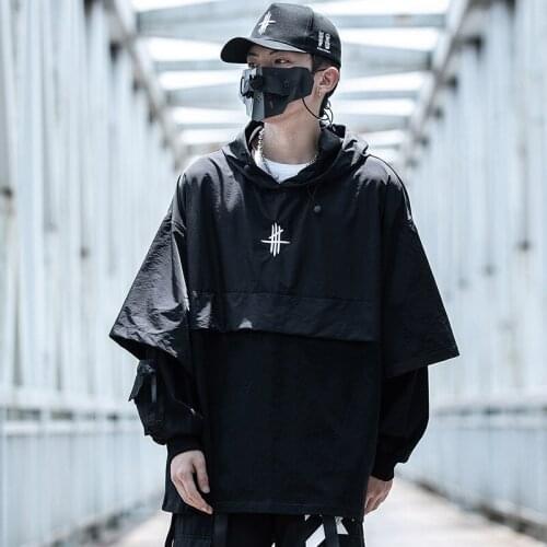 Harajuku Hoodie Mens 2021 Fake Two Piece Patchwork Embroidered Sweatshirt Pullover Fall Hip Hop Streetwear Top Techwear Hoodies