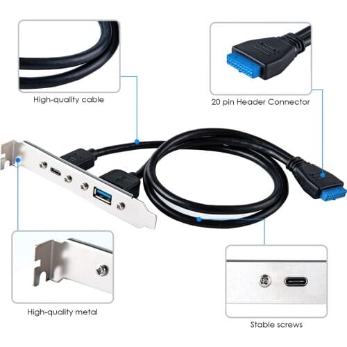 USB C 3.1 Back Panel Expansion Bracket to 20-Pin Header Cable 2-Port Super-Speed Type-C Expansion Card for PC