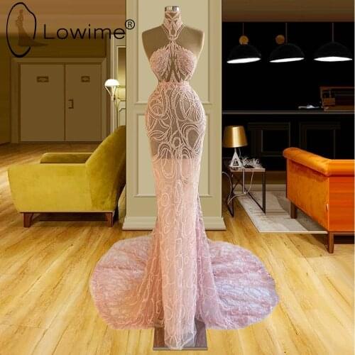 Pink Illusion Mermaid Evening Dresses Dubai High Neck Luxury Beading Evening Gowns Custom Made 2021 Formal Prom Party Dresses