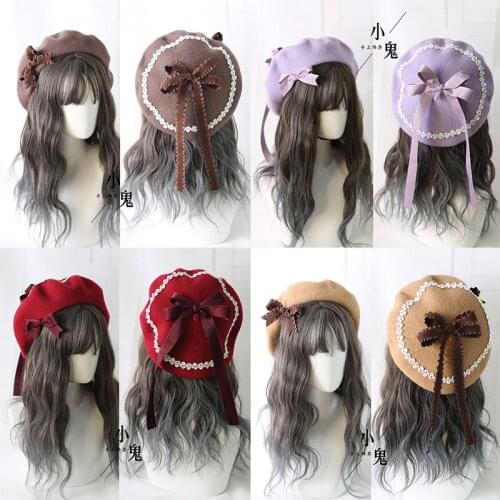 Japanese beret lolita girl sweet and cute retro wild woolen bow painter hat autumn and winter Winter Painter Hat Headdress