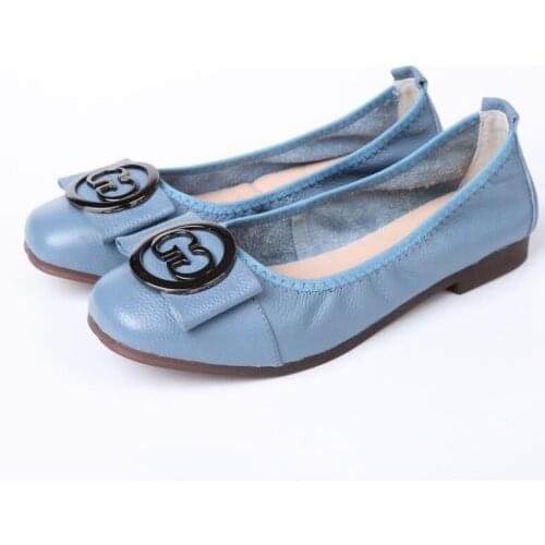 2020 Women Ballet Flats Shoes Women Genuine Leather Metal Round Buckle Fashion Square Toe Shoes For Women Soft Comfort