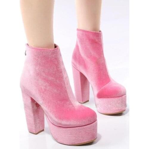 Sweet Pink Ink Green Velvet High Platform Ankle Boots 13cm Chunky High Heels Woman Round Toe Girls Mary Janes Fashion Booties