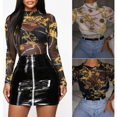 Women New Sexy Mesh Sheer See Through Print T-Shirt Outwear Turtleneck Long Sleeve Tops Transparent Slim Bodycon Club Shirts