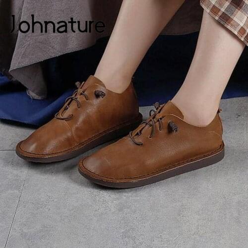 Johnature Genuine Leather Retro Flats Women Shoes 2020 New Autumn Elastic Band Casual Sewing Round Toe Handmade Ladies Shoes