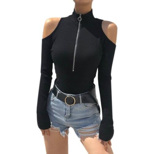 New Style Half-High Collar Zipper Long-Sleeve Female T-Shirt Sexy Strapless Jumpsuit Women Jumpsuit L