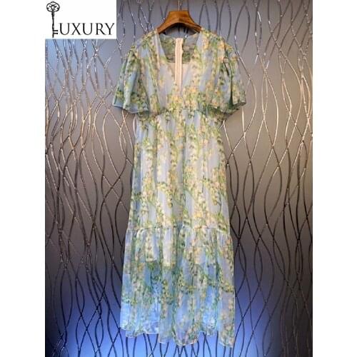 New Top 2020 Quality Summer Women V-Neck Yellow Flower Print Short Sleeve Casual Blue Red Long Maxi Dress Bohemian