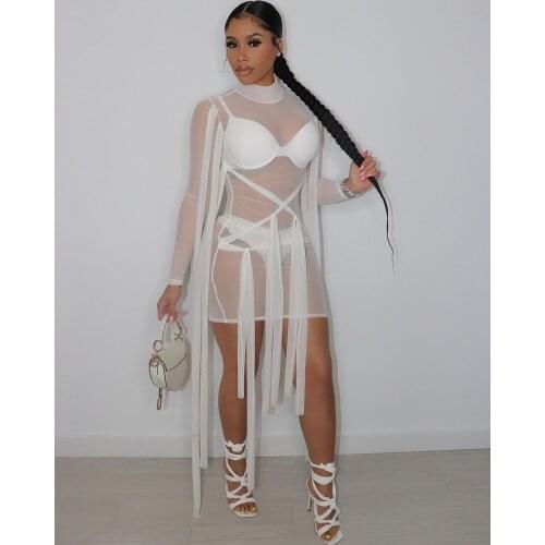 Women Summer Tight Dress Solid Color Sheer O-Neck Long Sleeve Lacing Straps Skirt for Girls