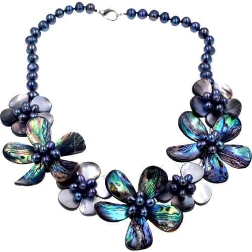 Abalone flower and black flower pearl beads necklace 19inch weholesale beads gift FPPJ