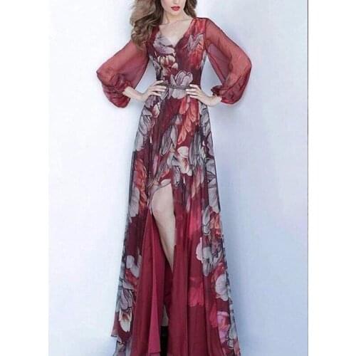 2021 spring new red printed chiffon dress big swing v-neck split fashion Joker slim dress women