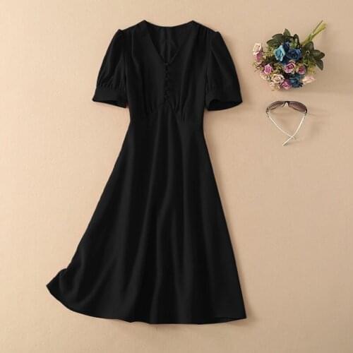 High Quality Black Dress 2021 Summer Women V-Neck Vintage Button Front Short Sleeve Mid-Calf Length A-Line Elegant Dress Classic