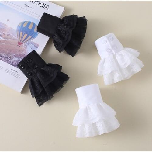 1 Pair Women Chiffon Double Layers Fake Sleeves Lace Floral Pleated Ruffled False Cuffs Female Wrist Warmers Decorative