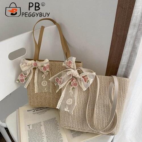 2021 Beach Shoulder Bow Bags Handbag Vintage Women Woven Lace Ribbon Solid Color Large Capacity Tote Shoulder Bags
