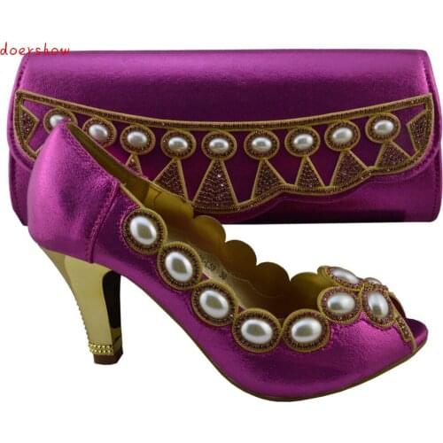 Doershow new pattern African shoes and bag free shipping,top quality Italian ladies shoes and matching bag set fuchsia HJZ1-108