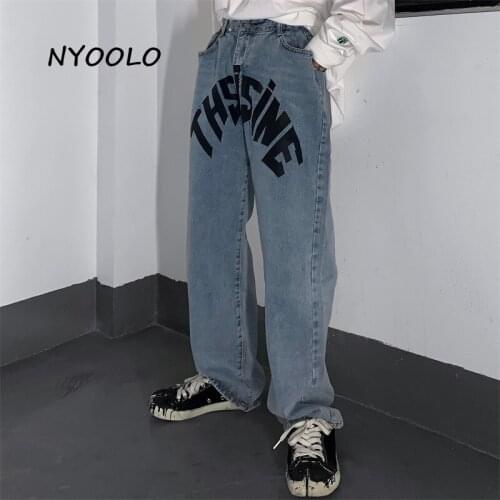 NYOOLO Harajuku Streetwear Letters Print High Waist Straight Washed Goth Jeans Women Men Clothes Autumn Oversized Denim Pants