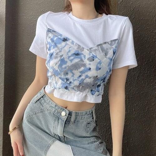 Y2K Tshirt Bady Street 90S Summer Short Sleeve Contrast Tie Dye Printed Harajuku Crop Top T Shirt Basic Cross Bandage
