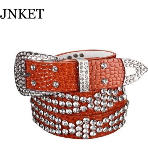 JNKET New Fashion Set With Diamond Cowhide Leather Belt Womens Crystal Pin Buckle Belt