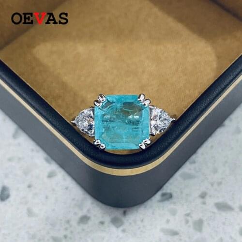 OEVAS 100% 925 Sterling Silver 10*10mm Paraiba Tourmaline Rings For Women Sparkling High Carbon Diamond Party Fine Jewelry Gifts