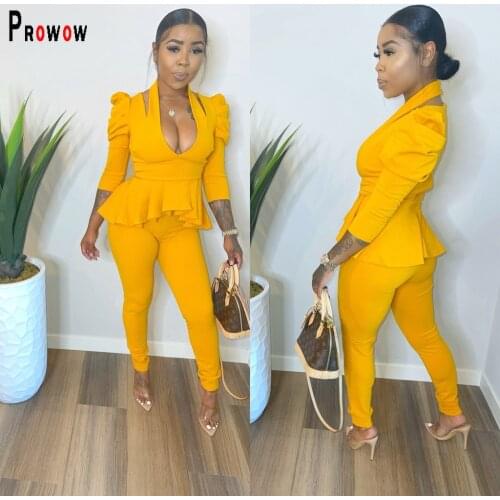 Prowowo Office Lady Cothing Set V-neck Puff Sleeve Ruffle Tops Pant Two Piece Matching Suits for Woman Yellow Spring Fall Outfit