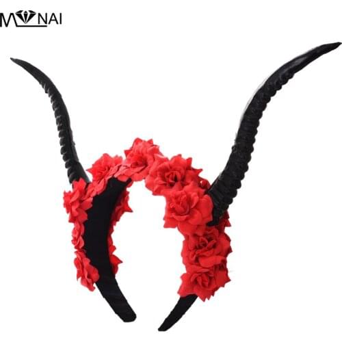 Lolita Red Floral Horn Antlers Cosplay Headband Veil Costume party Goth Handmade Headpiece Photography Halloween Accessory Punk