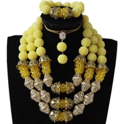 Dudo Store African Party Bead Jewelry Set Yellow And Gold Balls African Crystal Bridal Jewelry Set 3 Layers Earring Necklace Set