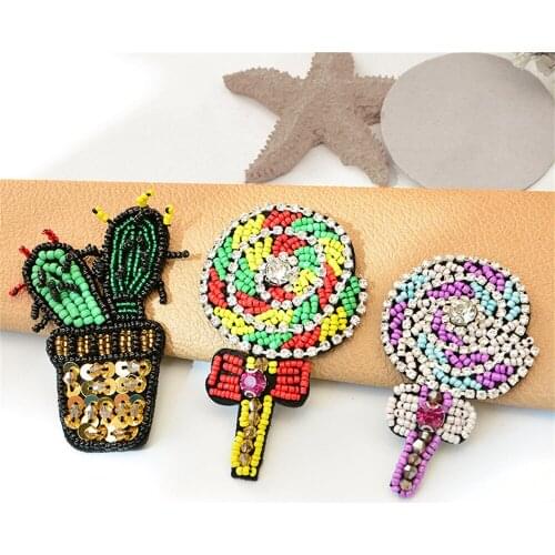 Maxsin 1 Pc High Quality Hand-beaded Lollipop Stickers Rhinestone Cactus Sequins Patch Garment Shoes Decoration DIY Accessories
