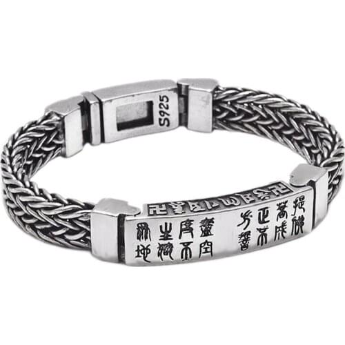 BOCAI Real S925 Silver Mens Bracelet Retro Six-character Mantra Good Luck Knitting Personalized 2021 Fashion Mens Jewelry
