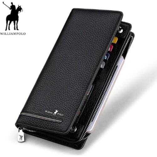 WILLIAMPOLO New mens wallet Genuine Leather Luxury Brand Men Wallets Long Men Purse zipper Wallet Male Clutch Business carteira