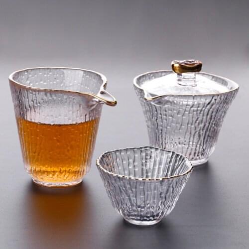 2020 New Tree Pattern Glass Tea Cup Tea Set Lead-free Crystal Glass Fair Cup Drawing Gold Lid Bowl Tea Set Creative Glass Tetera