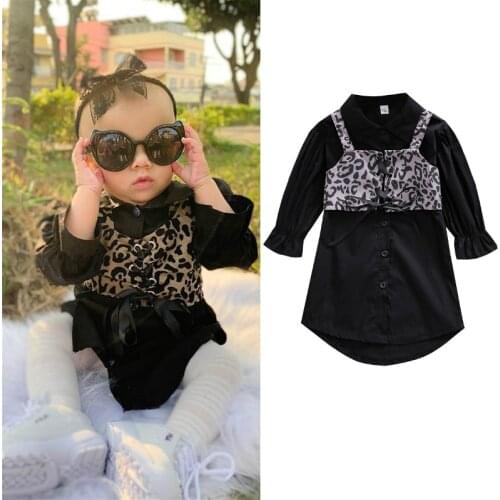 2021 New Kids Girls Dress Outfits Children Long Sleeve Lapel Single-breasted Shirt Dress + Leopard Vest Baby Clothes Sets 1-5Y