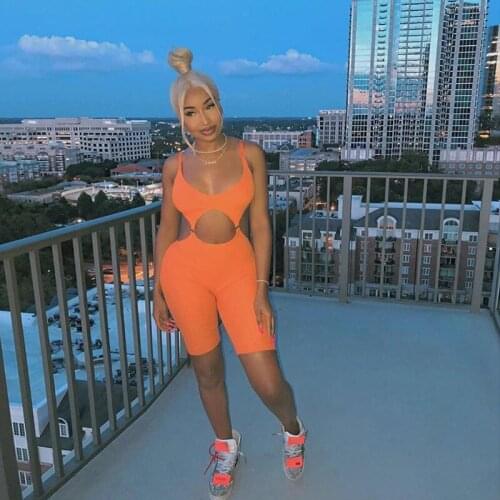 European and American Summer New Womens Wear Orange Sexy Tight Sleeveless Vest Hollowed-Out Conjoined Shorts