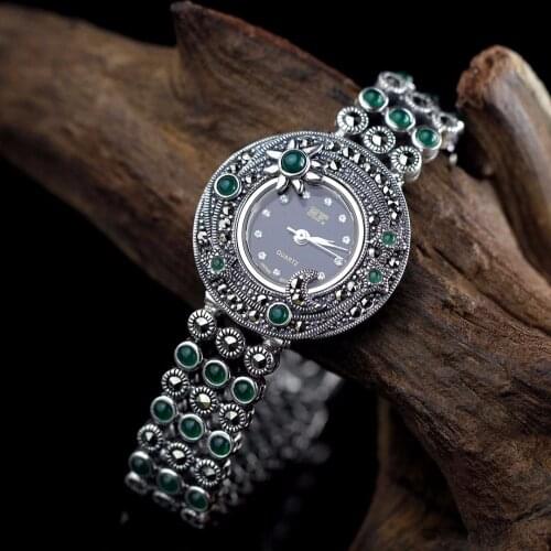 Limited Edition Classic S925 Silver Pure Silver Plum Sun Moon Jade Bracelet Watch Thailand Process Rhinestone Bangle Dresswatch